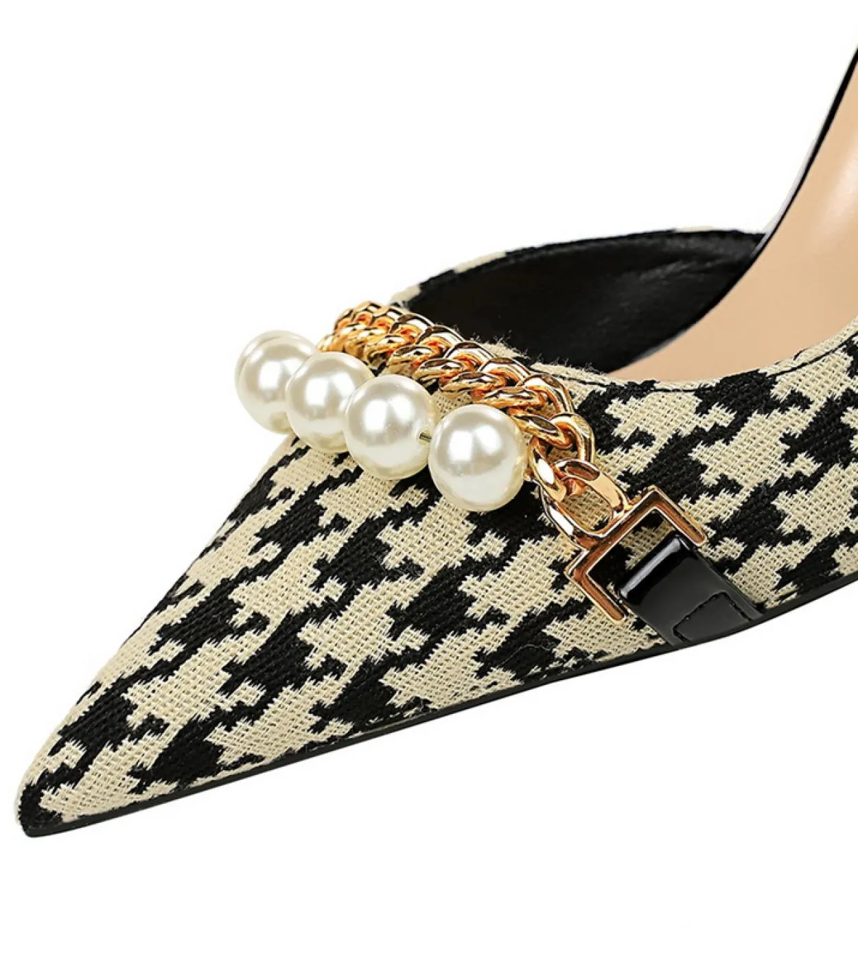 2023 Donna 8cm 11cm Tacchi alti Décolleté Punta a punta Pied de poule Tacchi medio bassi Lady Pearl Scarpins Slip On Scarpe a sp