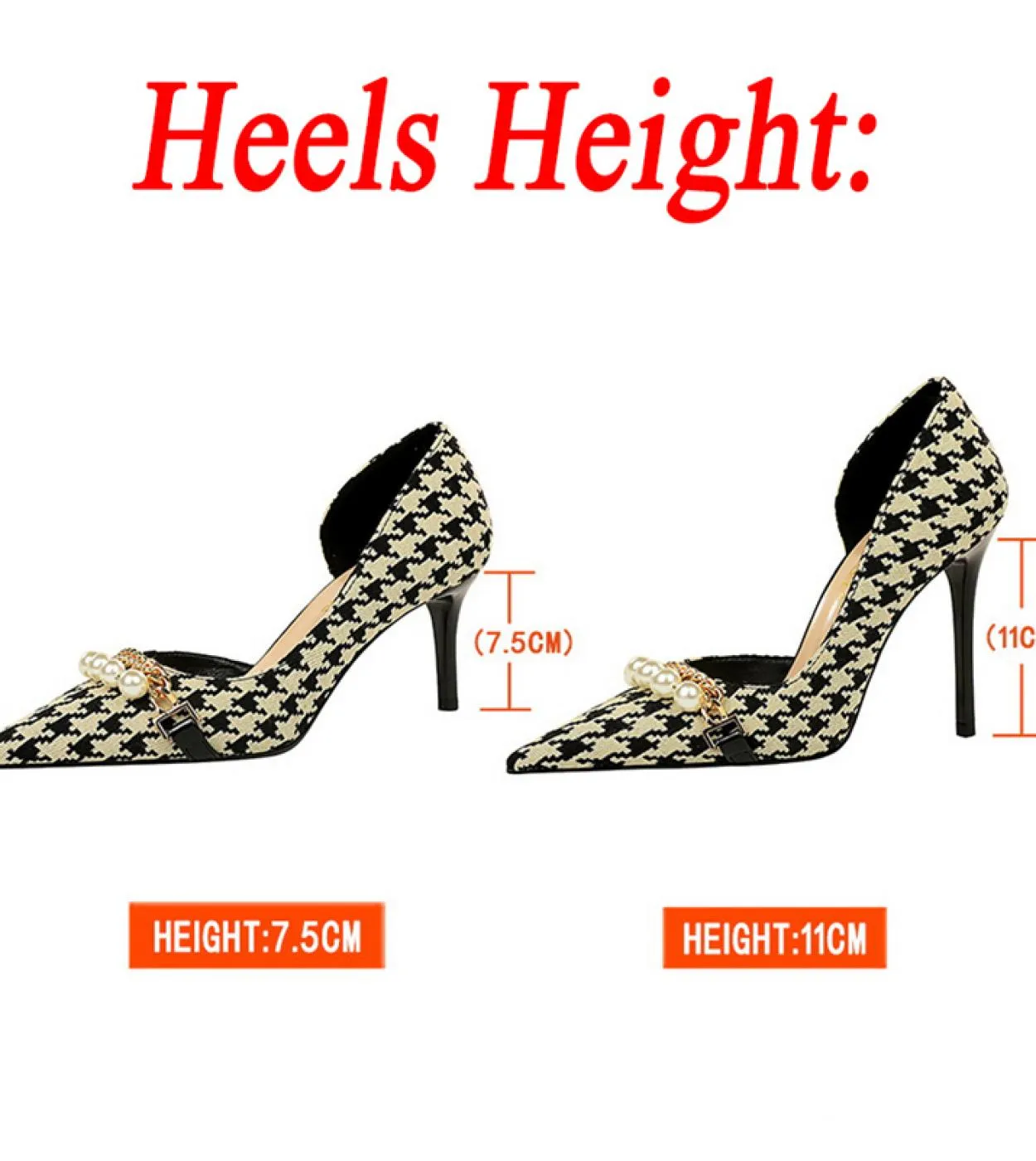 2023 Donna 8cm 11cm Tacchi alti Décolleté Punta a punta Pied de poule Tacchi medio bassi Lady Pearl Scarpins Slip On Scarpe a sp