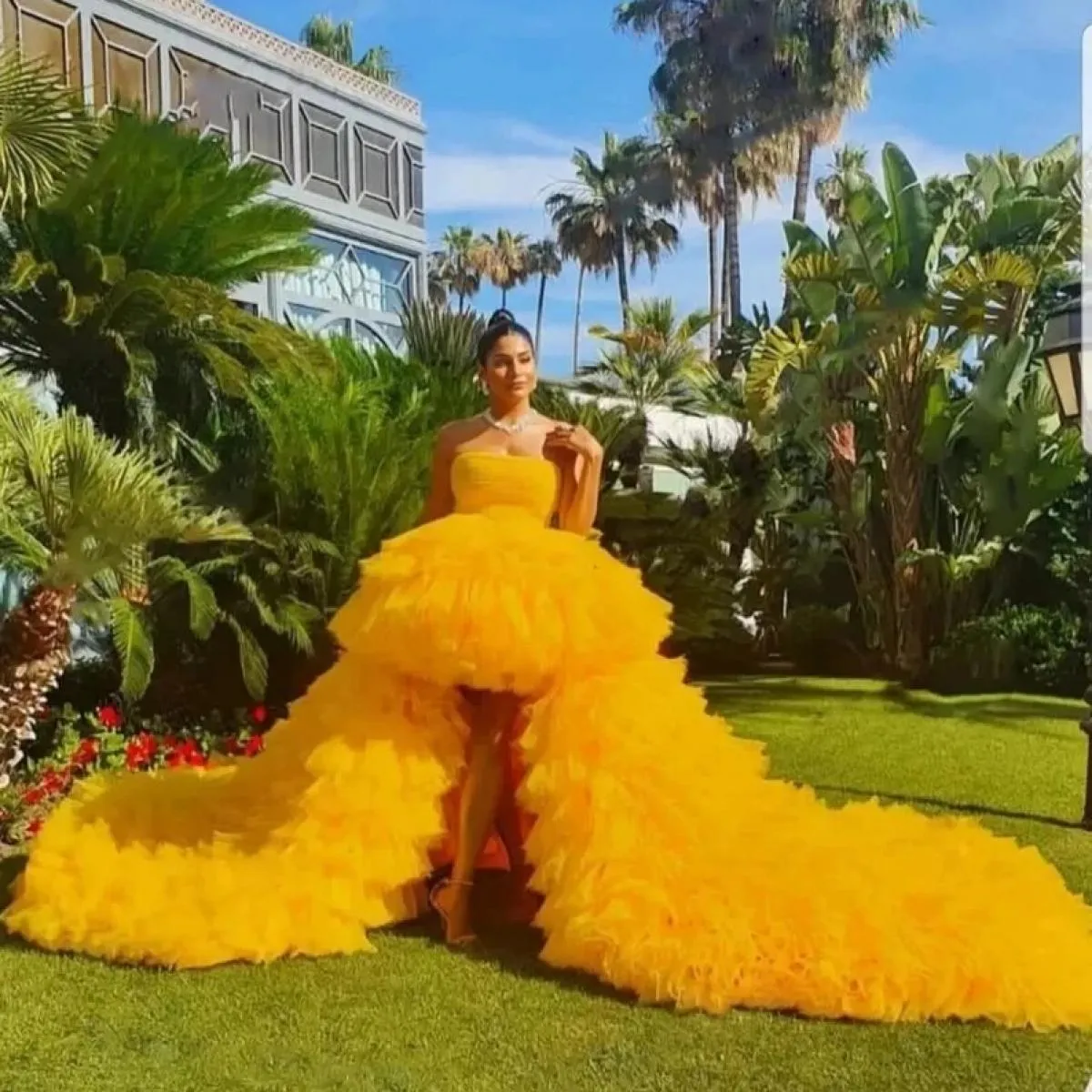 Abito da pavone gonfio esagerato Abito da spettacolo di bellezza Giallo Abiti da festa formali in tulle a strati alti e bassi Br