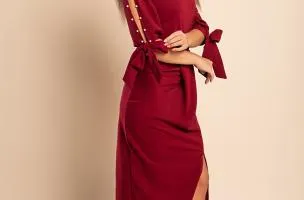Abito elegante midi con scollo rotondo, maniche 3/4 con spacco e perline decorative Peppina, bordeaux