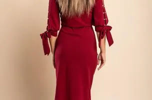 Abito elegante midi con scollo rotondo, maniche 3/4 con spacco e perline decorative Peppina, bordeaux