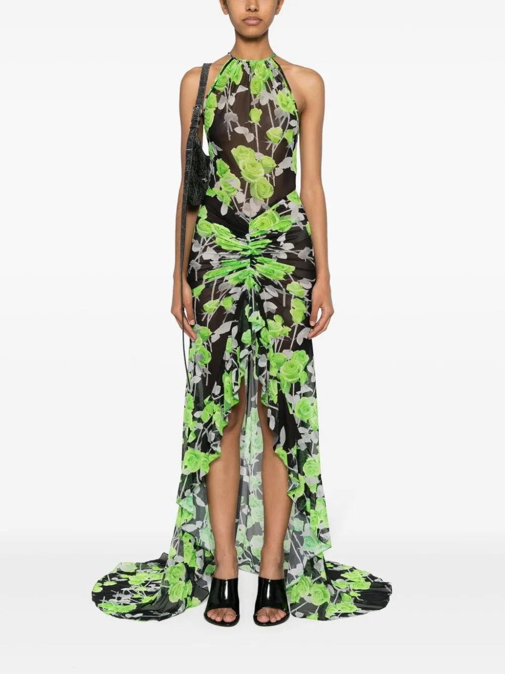 Abito maxi con stampa rose in verde e nero - donna