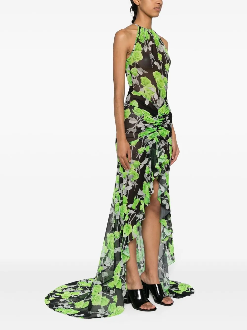Abito maxi con stampa rose in verde e nero - donna