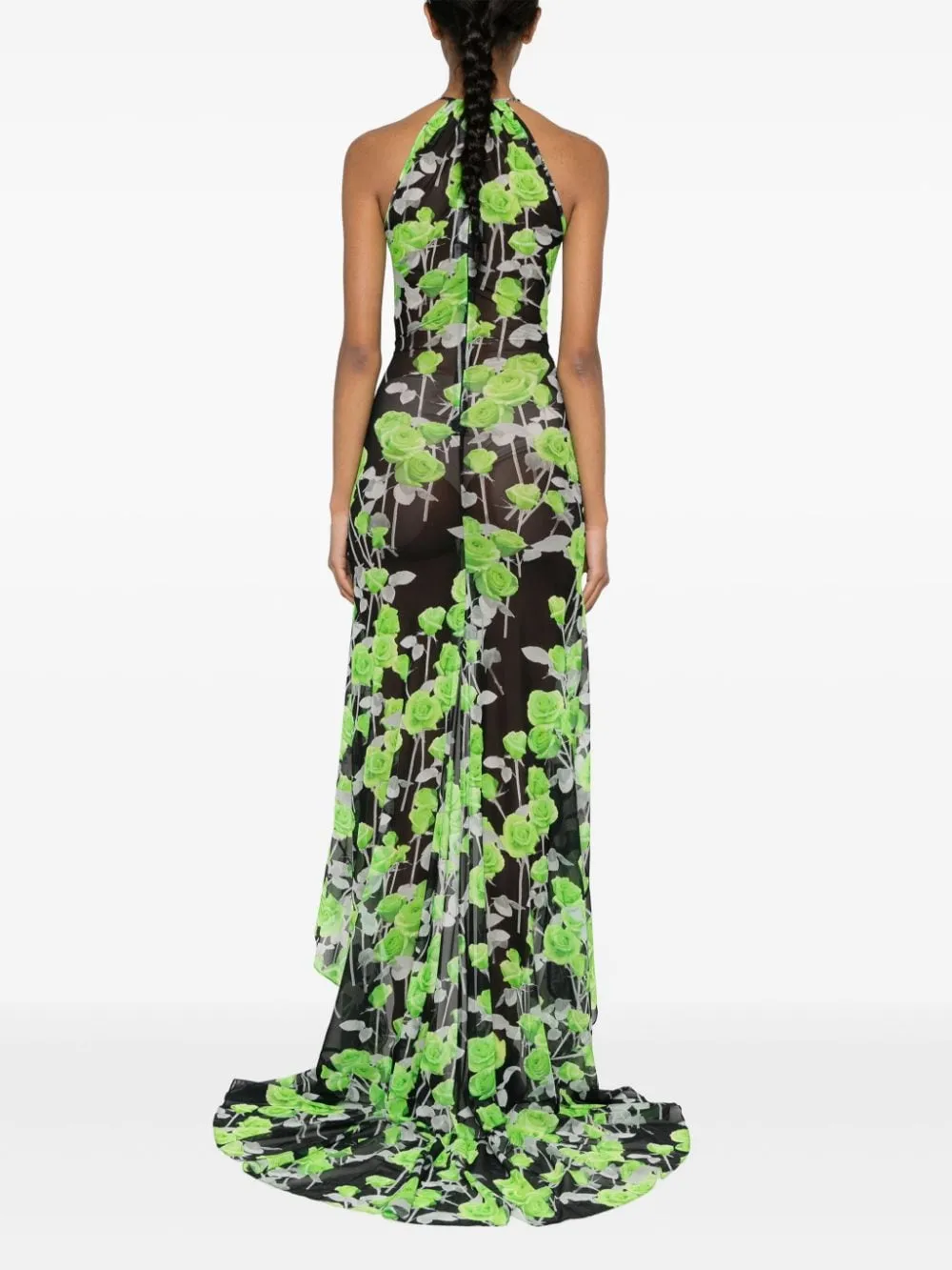 Abito maxi con stampa rose in verde e nero - donna