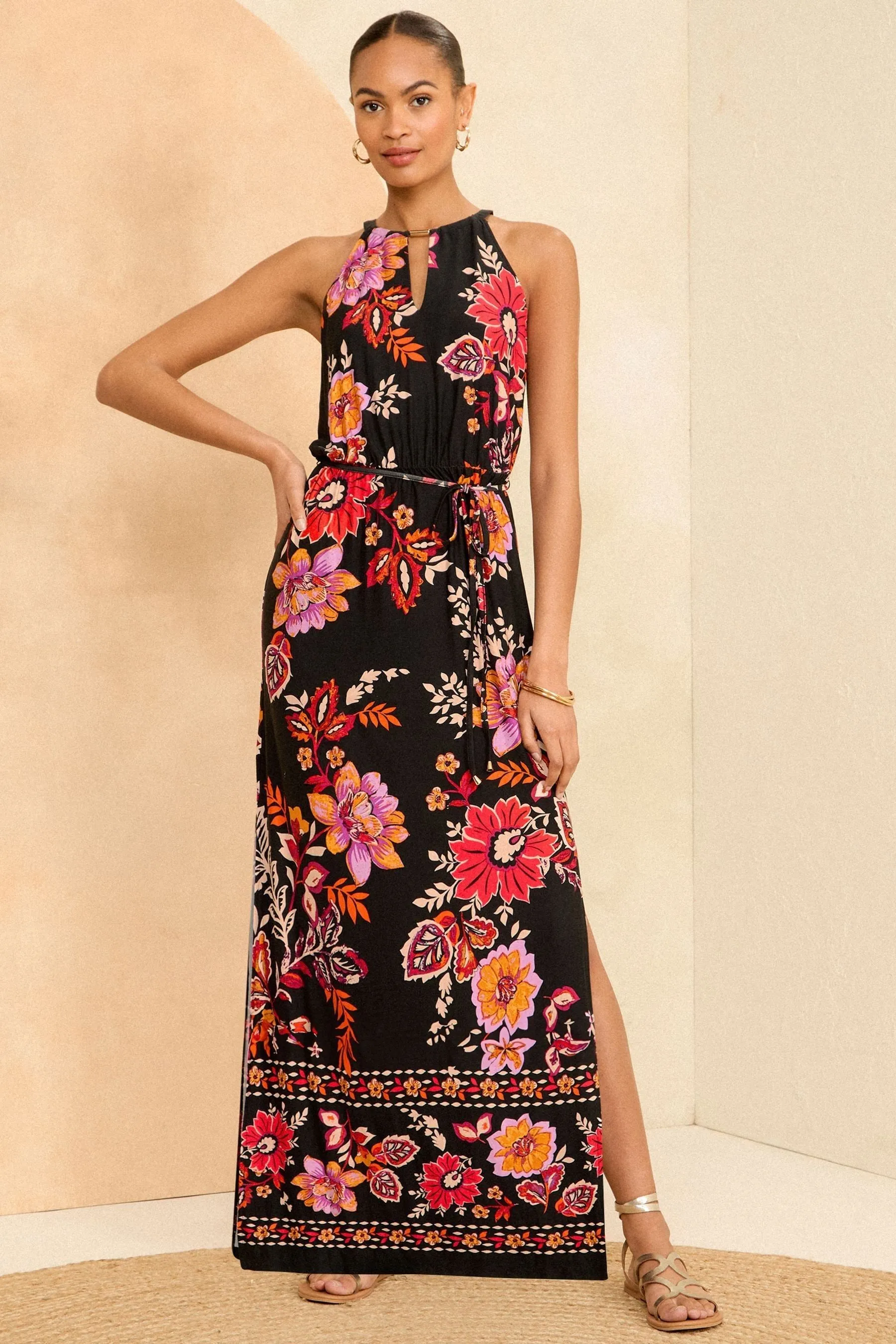 Abito maxi in jersey Love & Roses con scollo all'americana con finiture sul collo