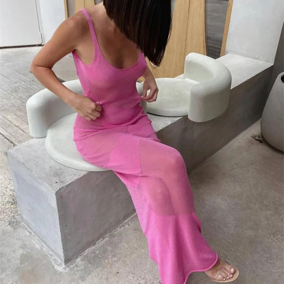Abito maxi patchwork senza schienale coprente per donna Abito sottile trasparente da spiaggia per vacanze Abito femminile