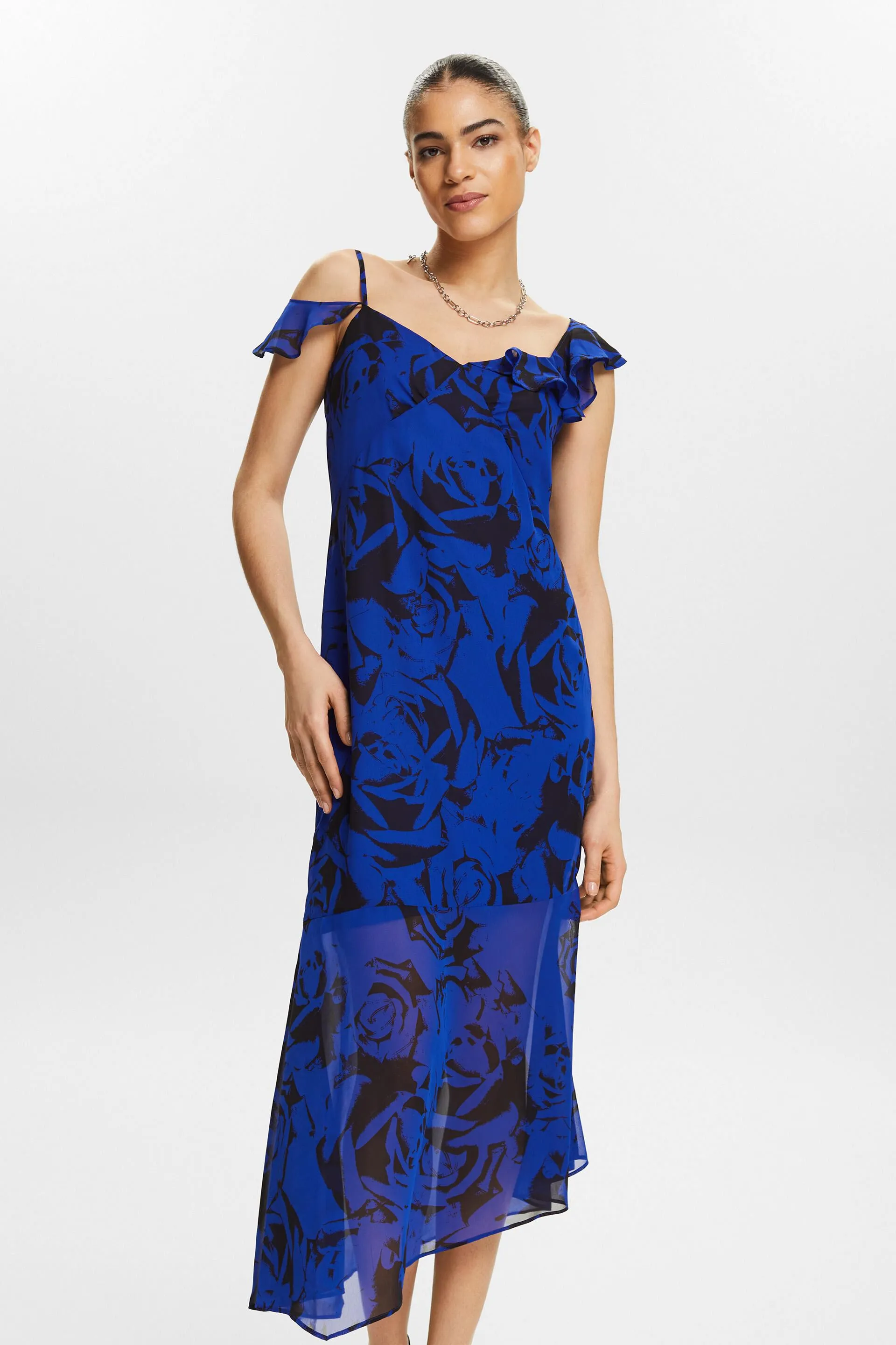 Abito midi in chiffon stampato con spalle scoperte