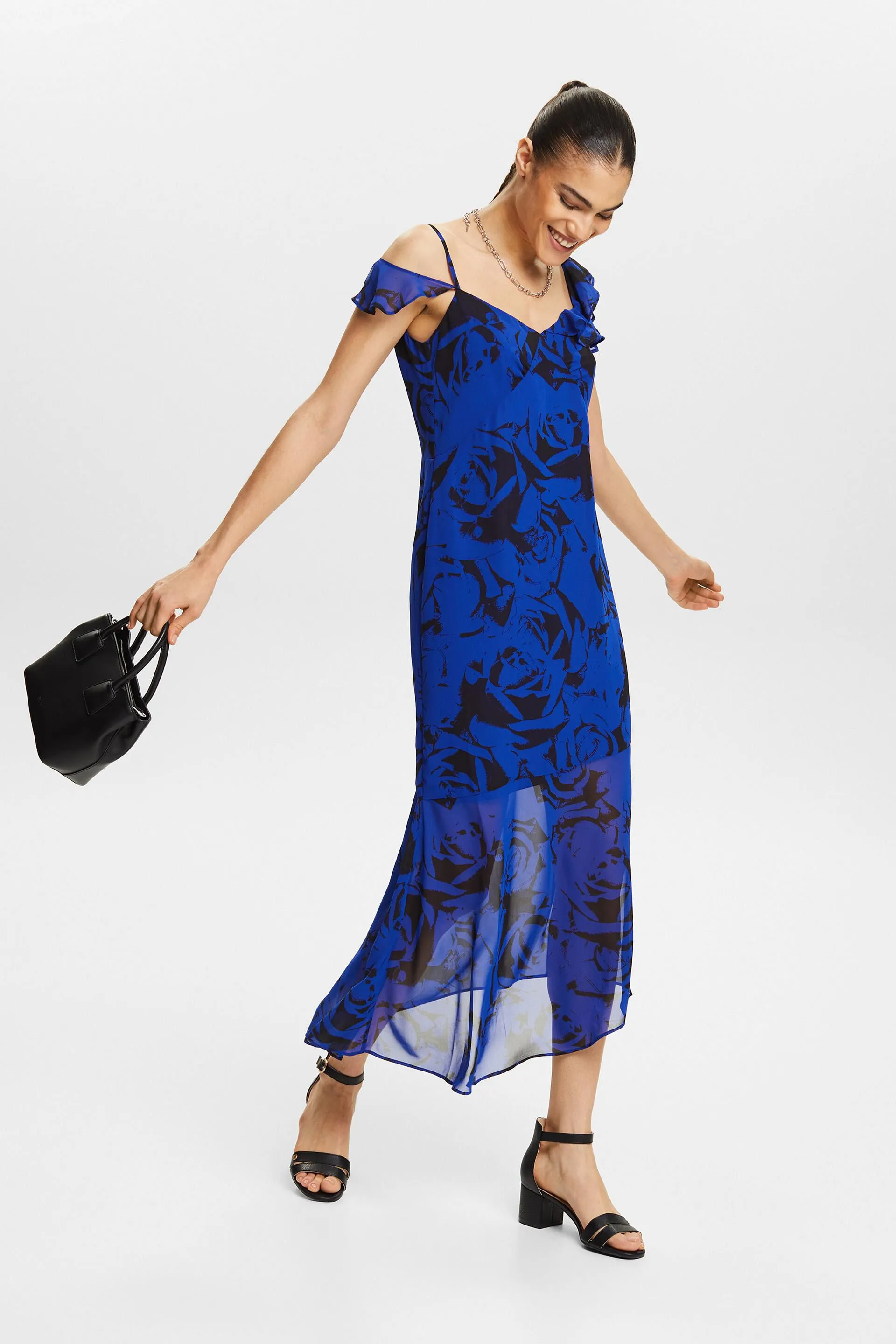Abito midi in chiffon stampato con spalle scoperte