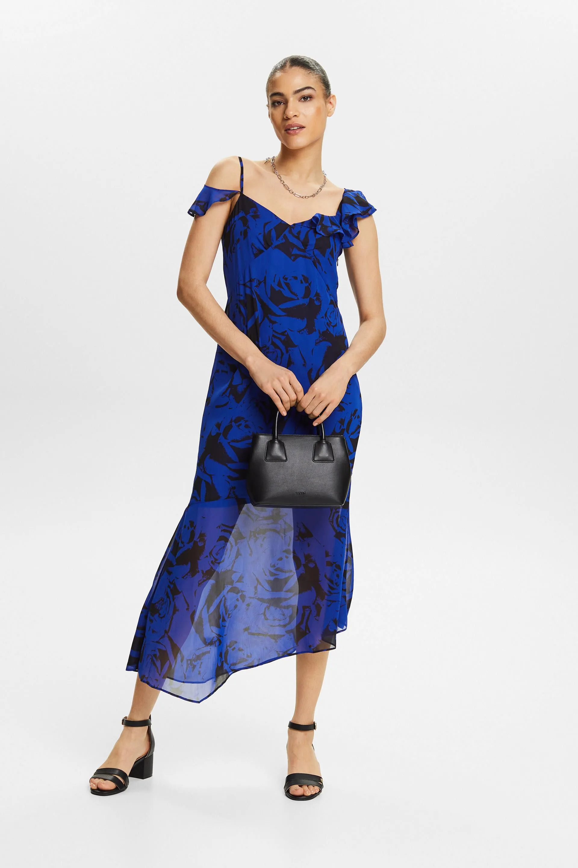 Abito midi in chiffon stampato con spalle scoperte