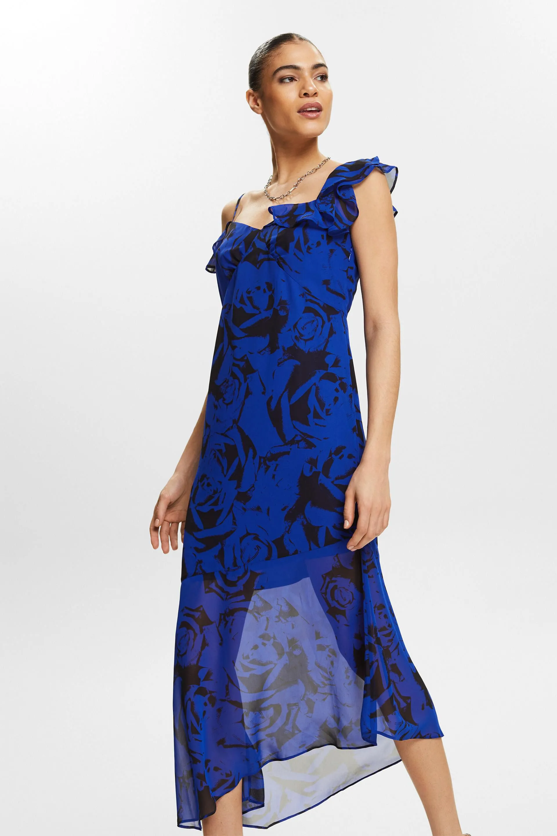 Abito midi in chiffon stampato con spalle scoperte