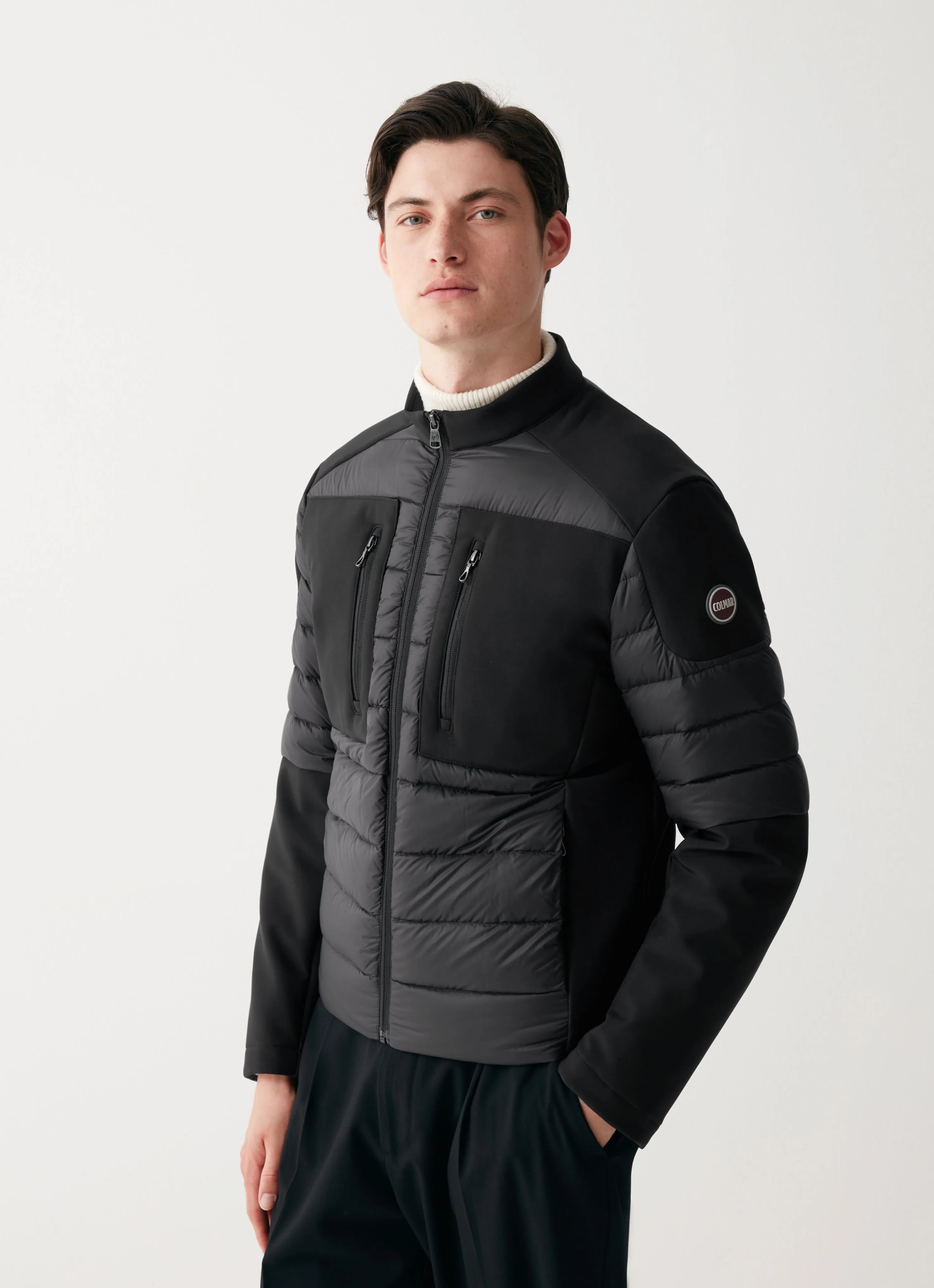 Biker down jacket in double fabric