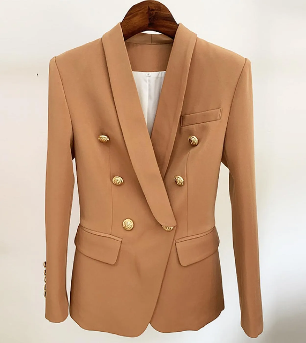 Blazer marrone giacca da donna giacca classica in metallo doppio petto con bottoni dorati collo a scialle giacca da donna caffè