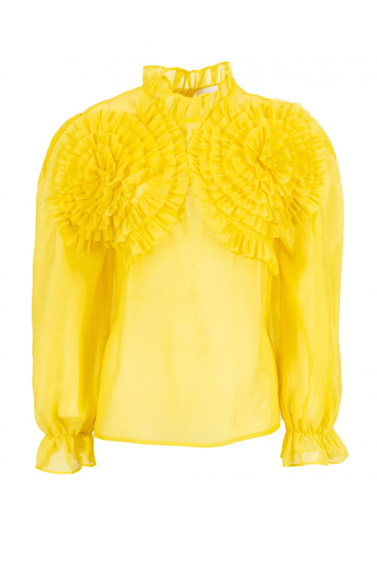 Blusa donna collo alto arricciato grandi rouches a spirale sul petto polsino arricciato