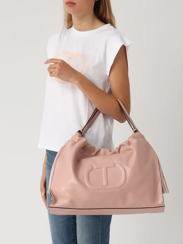 Borsa donna Twinset in simil pelle con logo in rilievo Cipria