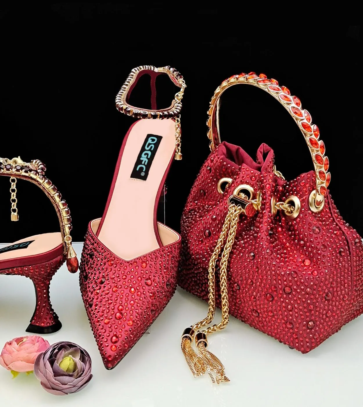 Borsa per scarpe da donna Scarpe da sposa Scarpe da festa Borsa con manico Décolleté da donna a punta africana