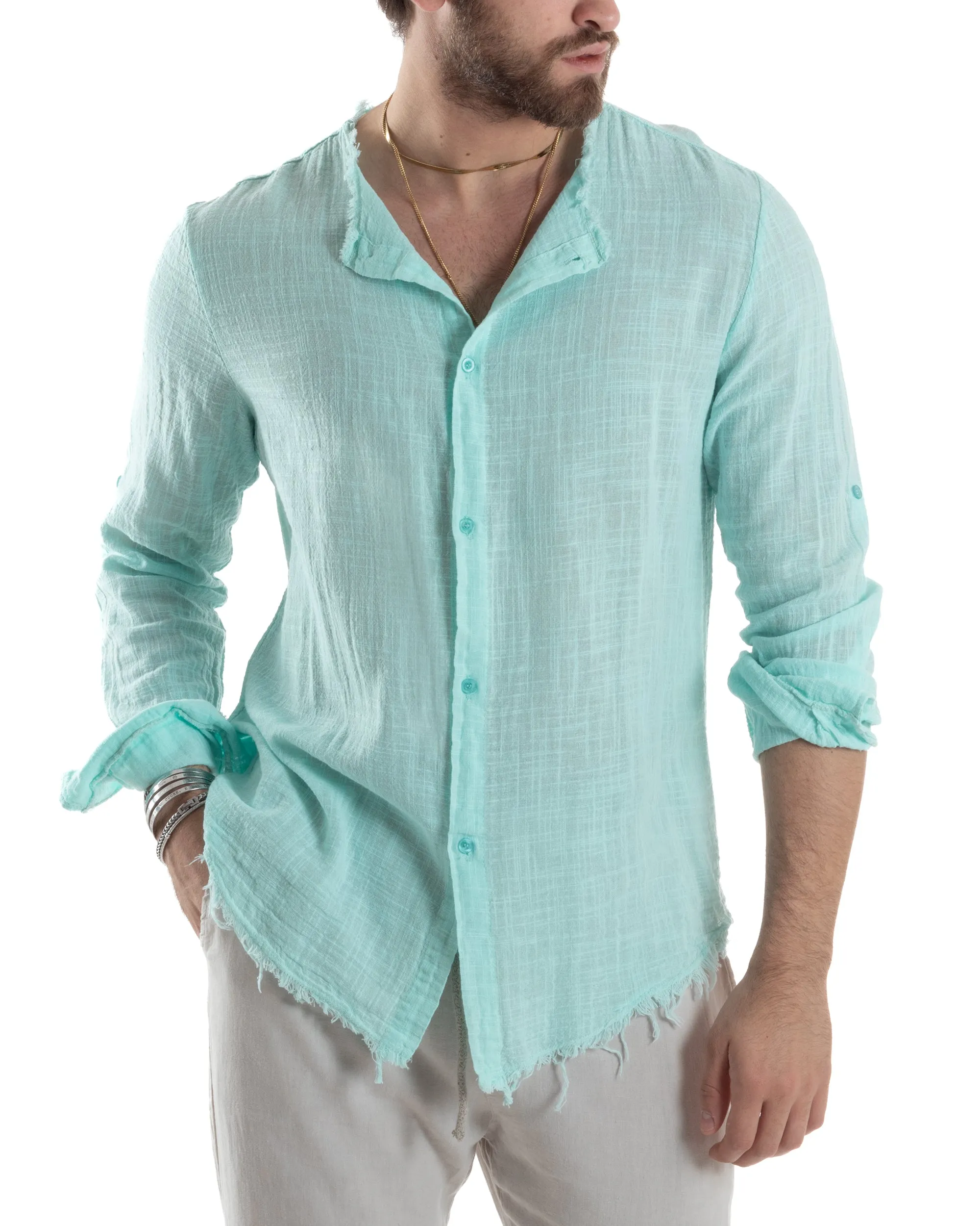 Camicia Uomo Sfrangiata Cotone Lino Manica Lunga Tinta Unita Verde Acqua GIOSAL-C2841A