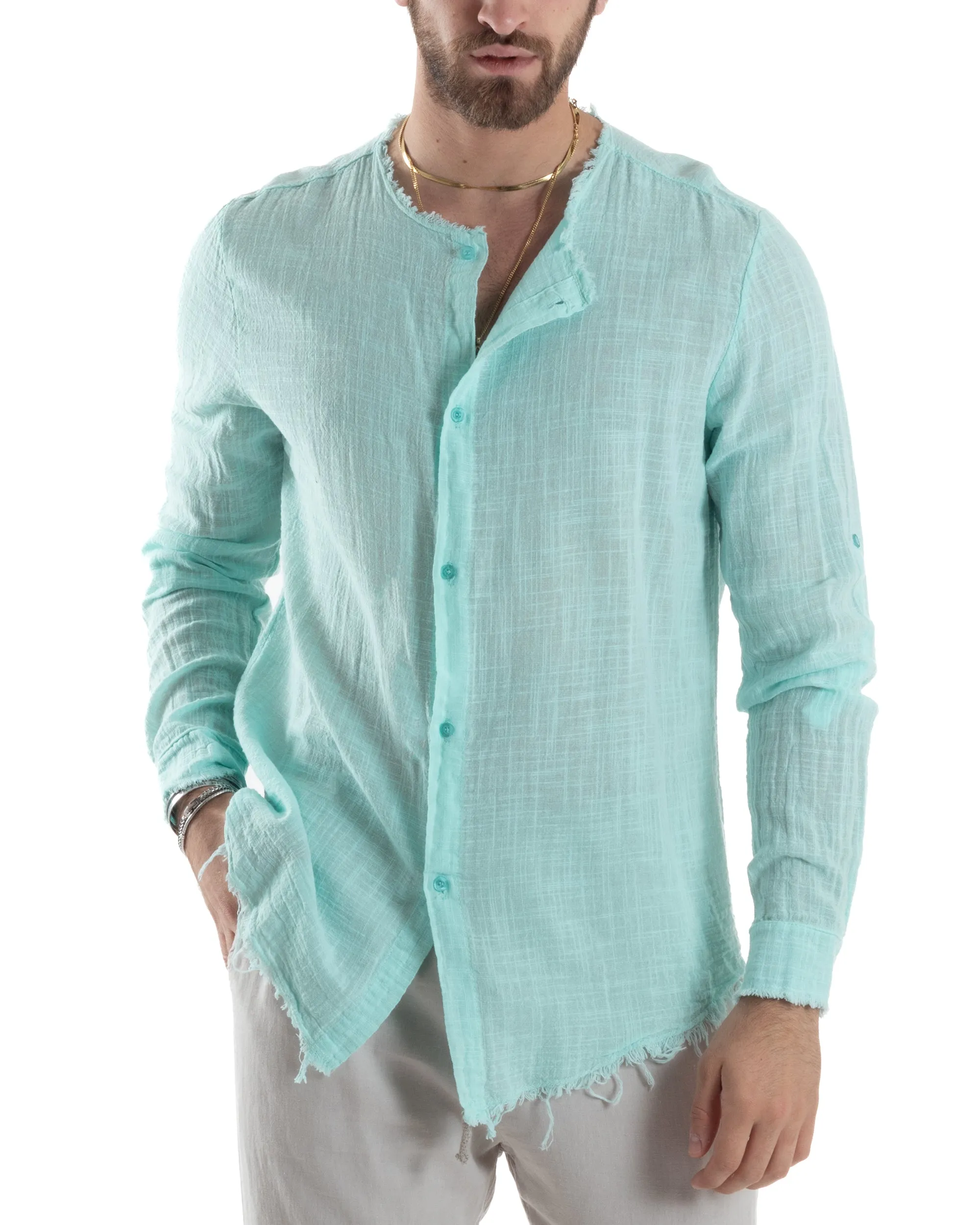 Camicia Uomo Sfrangiata Cotone Lino Manica Lunga Tinta Unita Verde Acqua GIOSAL-C2841A