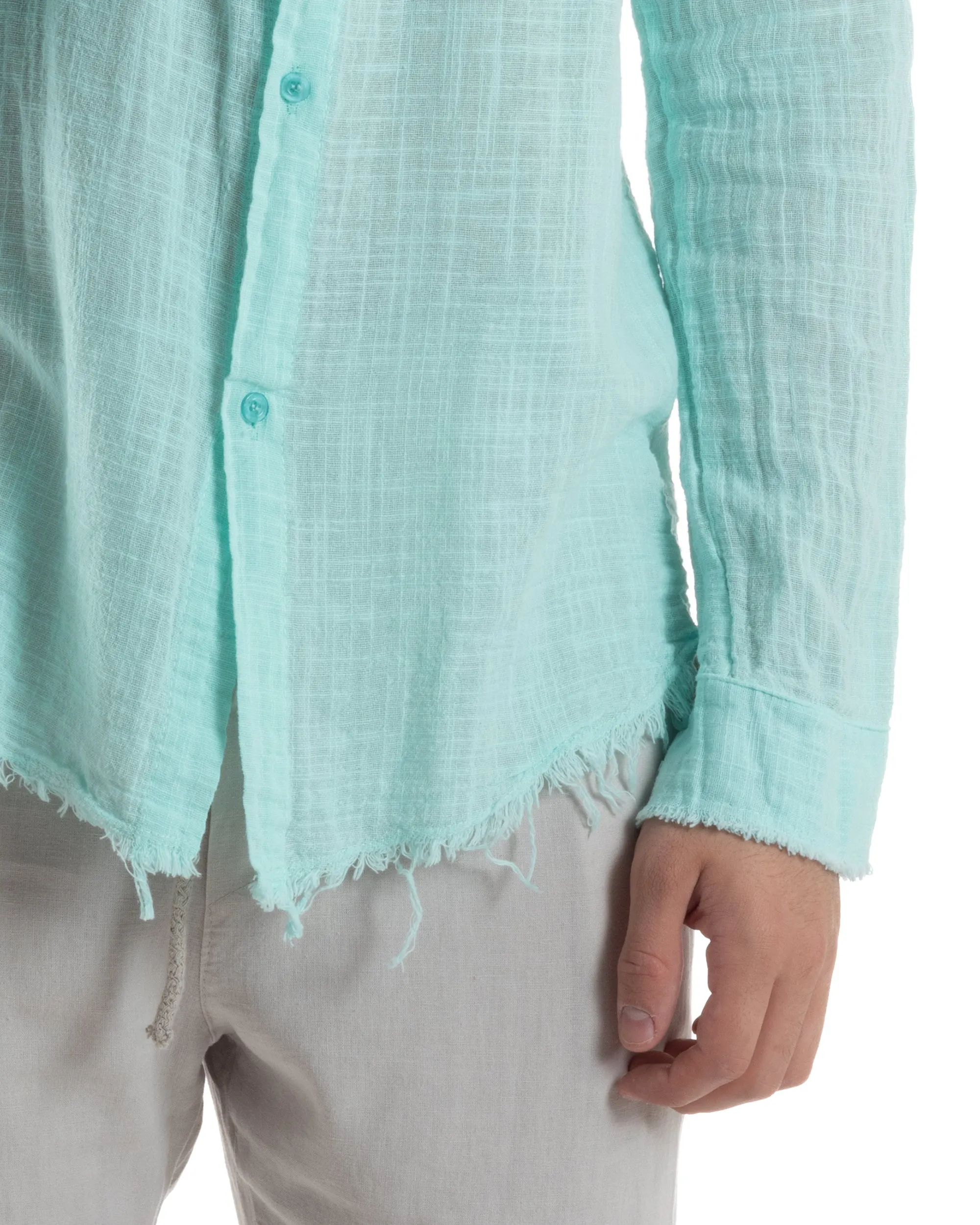Camicia Uomo Sfrangiata Cotone Lino Manica Lunga Tinta Unita Verde Acqua GIOSAL-C2841A