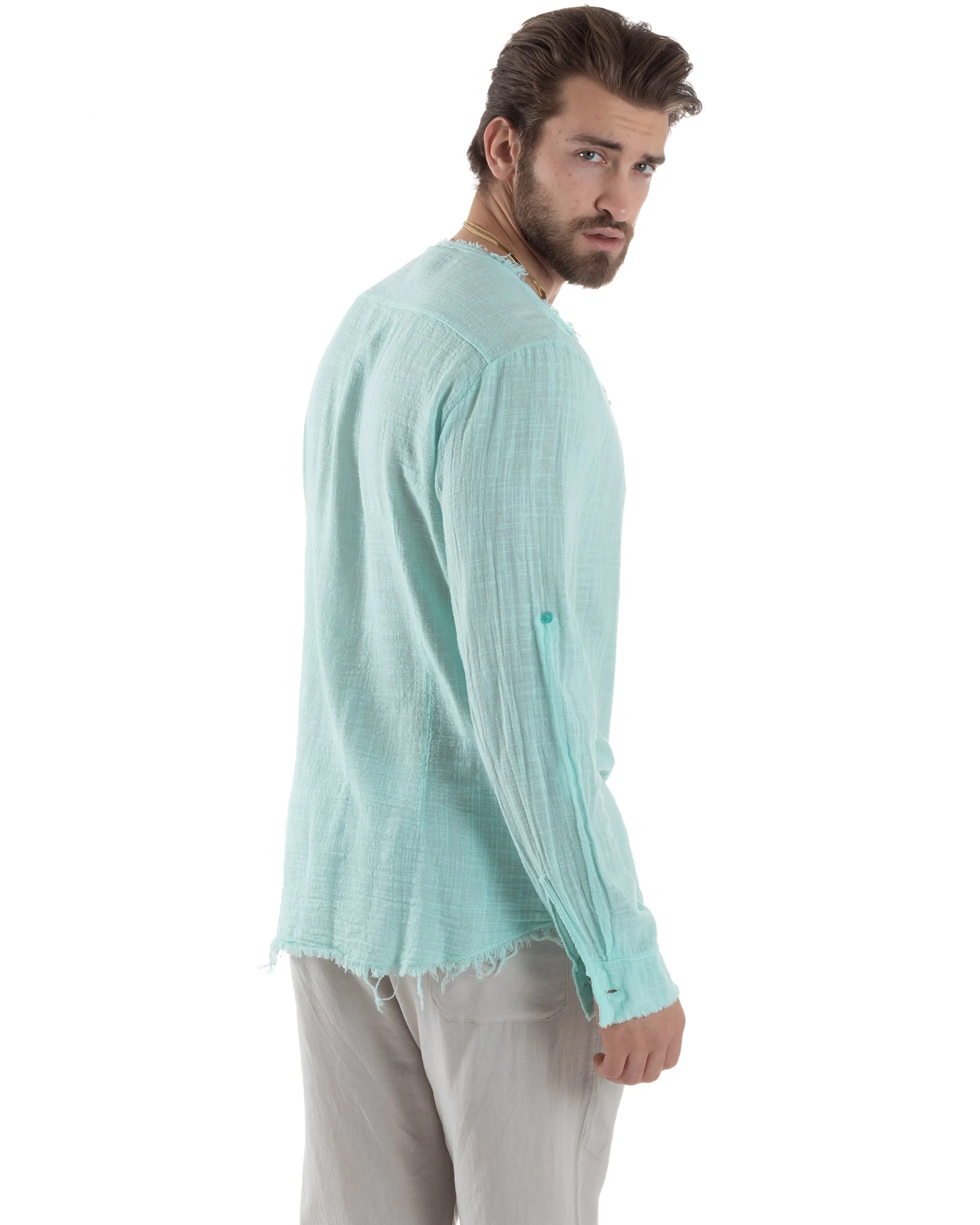 Camicia Uomo Sfrangiata Cotone Lino Manica Lunga Tinta Unita Verde Acqua GIOSAL-C2841A