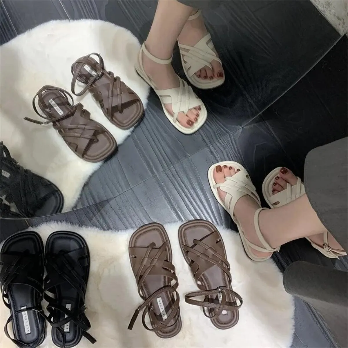 Ciabatta Bassa Donna Pelle Tacco Basso Tessuto Zoccoli in Gomma Ciabatte Ciabatte con Fibbia Sandali Bassi Donna Pelle Tacco Bas