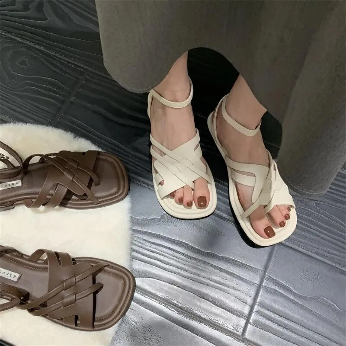 Ciabatta Bassa Donna Pelle Tacco Basso Tessuto Zoccoli in Gomma Ciabatte Ciabatte con Fibbia Sandali Bassi Donna Pelle Tacco Bas