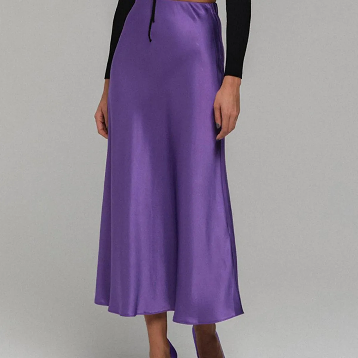 Clacive Gonna lunga in raso di seta viola Casual da donna Gonna lunga moda estiva a vita alta Nuovo 2022 elegante Midi da uffici
