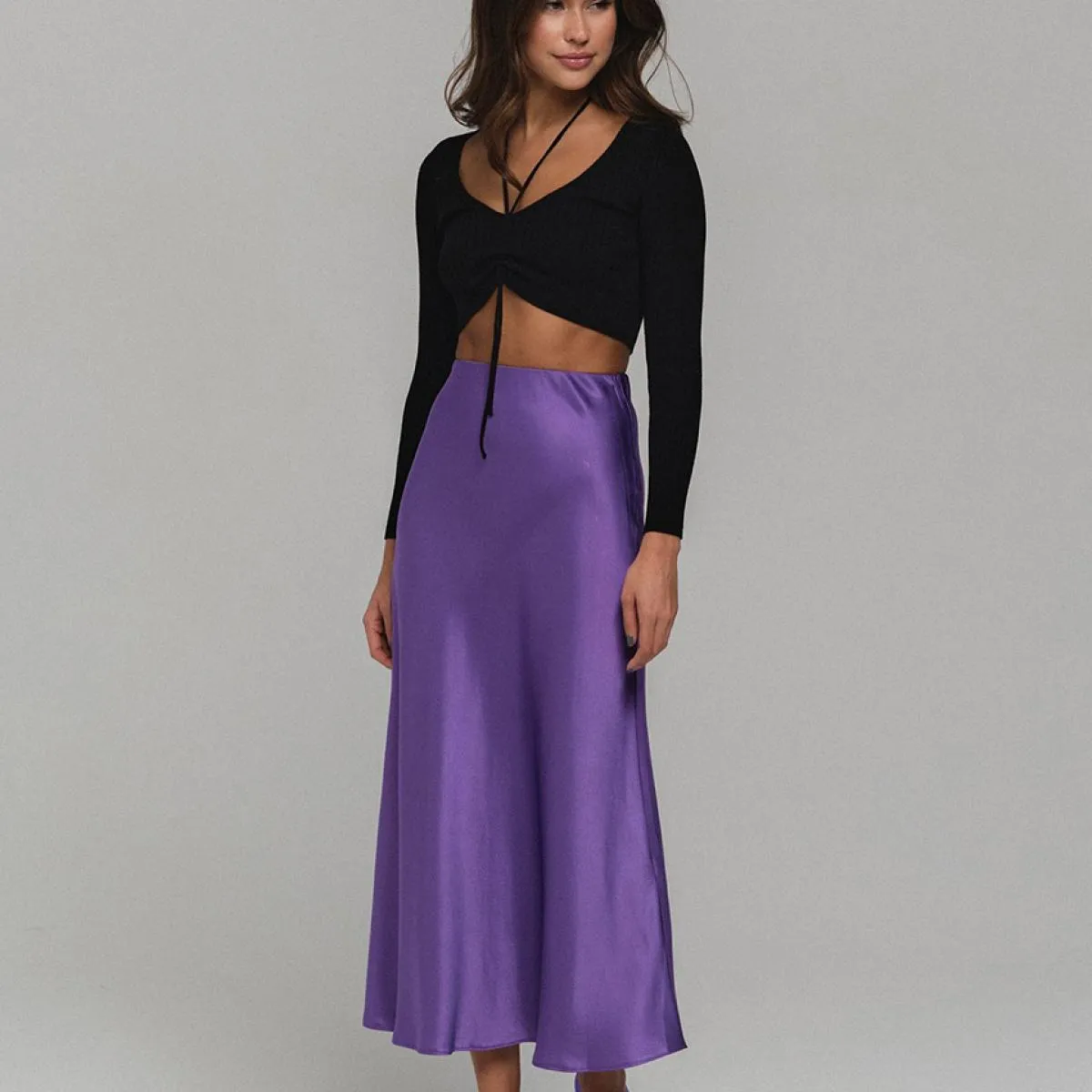Clacive Gonna lunga in raso di seta viola Casual da donna Gonna lunga moda estiva a vita alta Nuovo 2022 elegante Midi da uffici