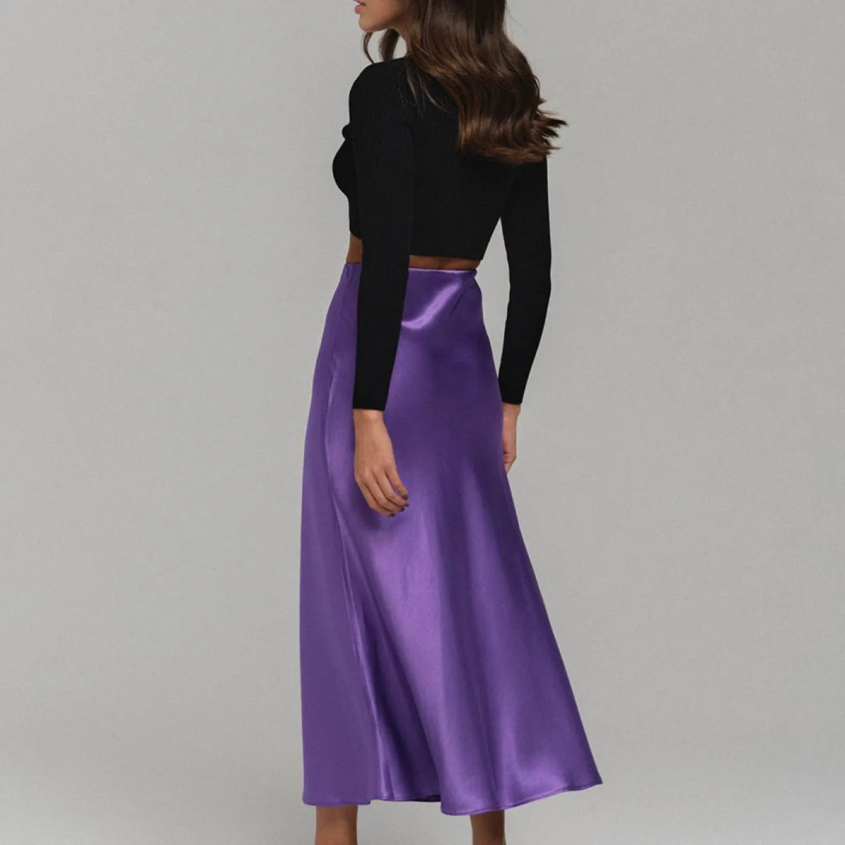 Clacive Gonna lunga in raso di seta viola Casual da donna Gonna lunga moda estiva a vita alta Nuovo 2022 elegante Midi da uffici