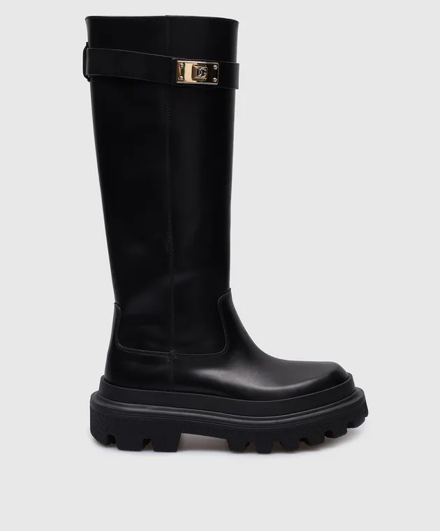 Dolce&Gabbana Stivali in pelle nera con logo in metallo CU1070AB640