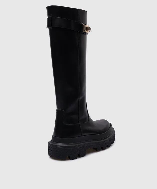 Dolce&Gabbana Stivali in pelle nera con logo in metallo CU1070AB640