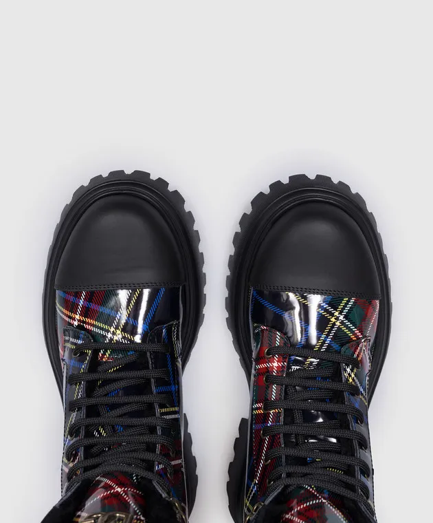 Dolce&Gabbana Stivali in pelle nera per bambini con pelliccia a quadretti D11265AB2683236