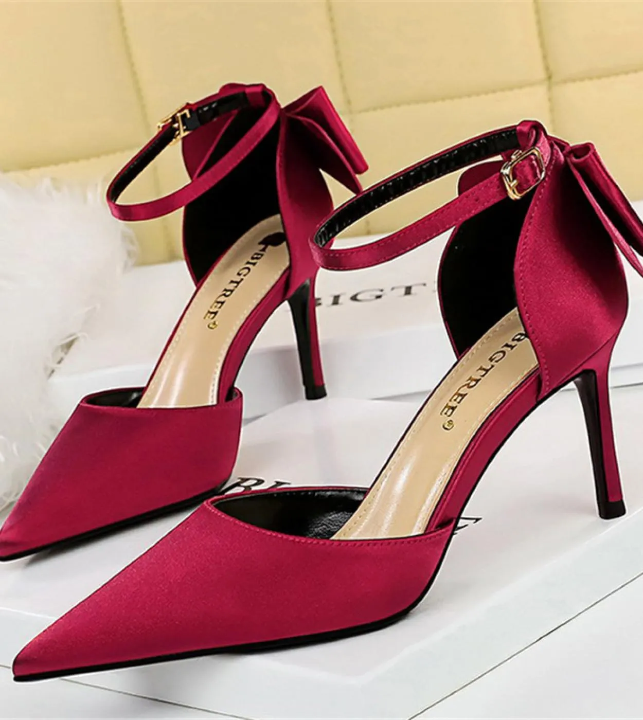 Donna Tacchi medi Estate 8cm 10cm Tacchi alti Sandali eleganti Lady Silk Wedding Tacchi bassi Bow Sandles Borgogna Bigtree S
