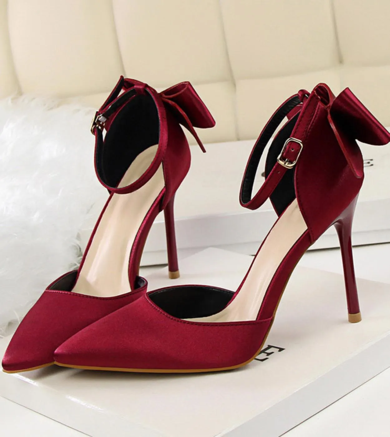 Donna Tacchi medi Estate 8cm 10cm Tacchi alti Sandali eleganti Lady Silk Wedding Tacchi bassi Bow Sandles Borgogna Bigtree S