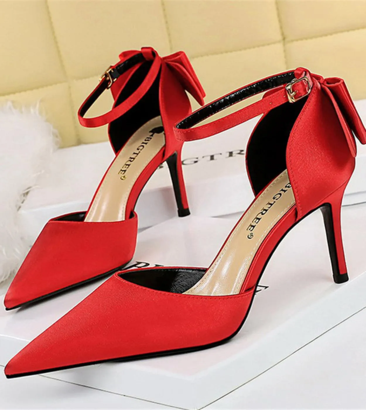 Donna Tacchi medi Estate 8cm 10cm Tacchi alti Sandali eleganti Lady Silk Wedding Tacchi bassi Bow Sandles Borgogna Bigtree S