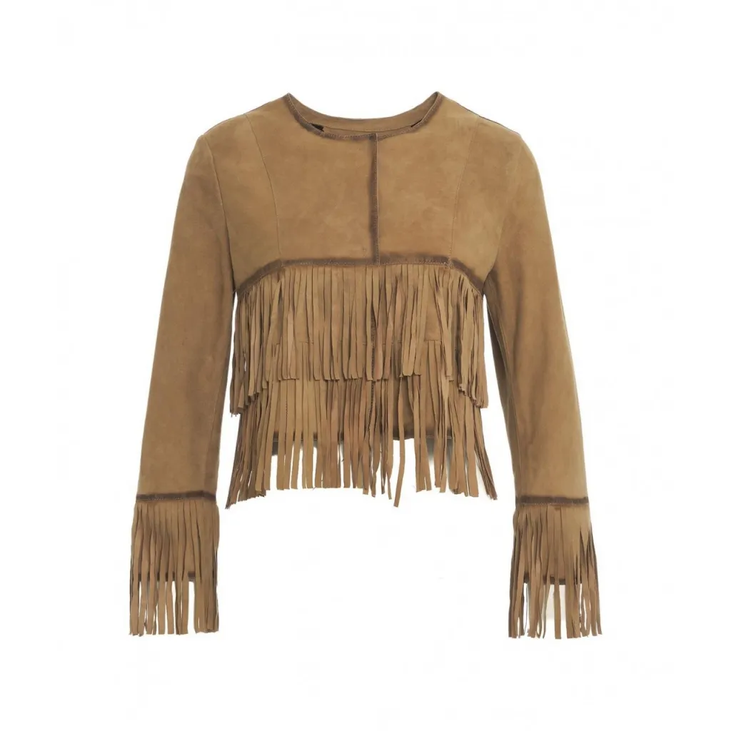 Giacca con frange in pelle scamosciata marrone
