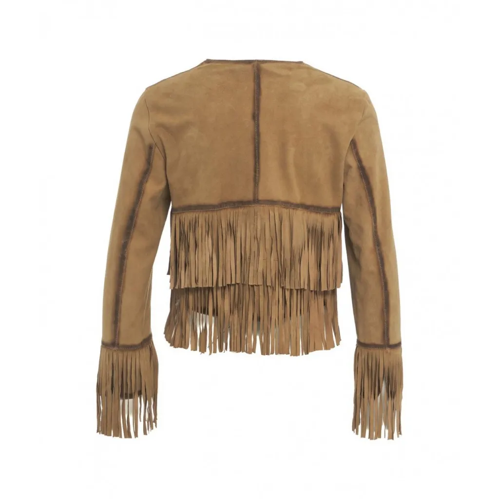 Giacca con frange in pelle scamosciata marrone