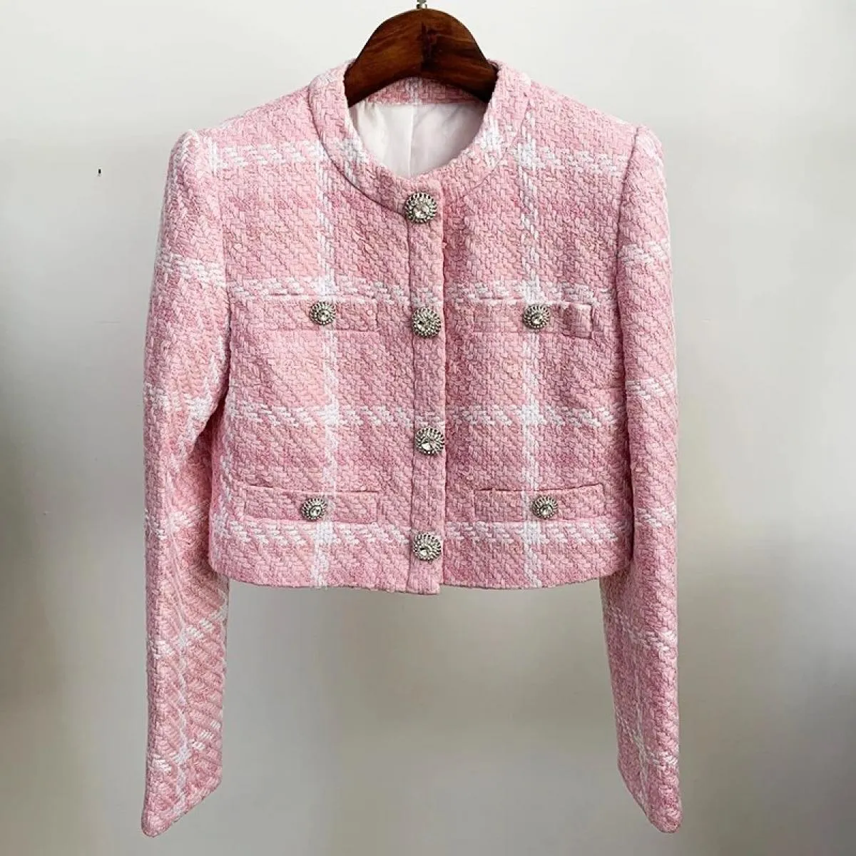 High Street Più Nuovo 2022 Designer Cappotto Corto da Donna Dolce Diamanti Bottoni Misto Lana Tessuto Colori Plaid Tweed Breve J
