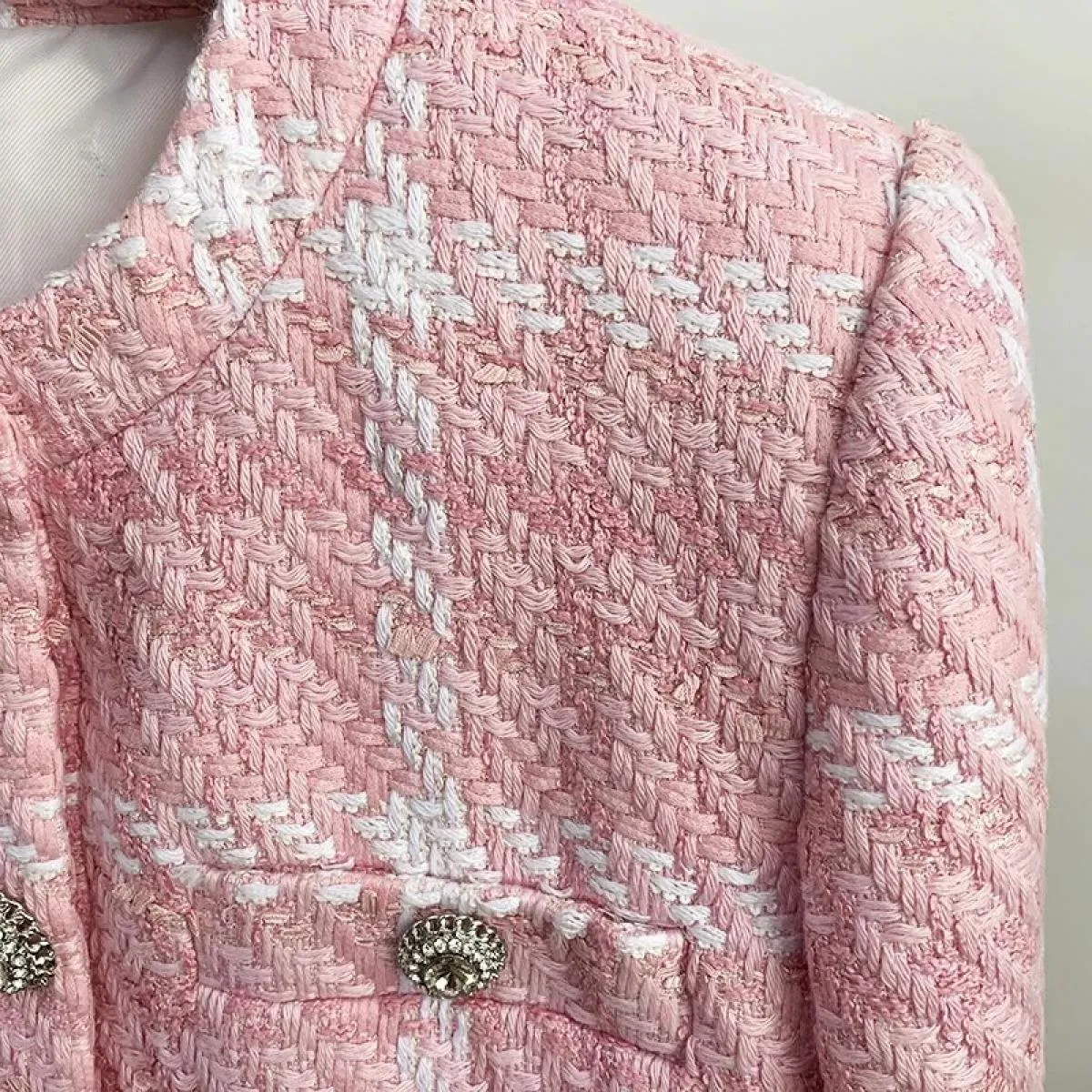 High Street Più Nuovo 2022 Designer Cappotto Corto da Donna Dolce Diamanti Bottoni Misto Lana Tessuto Colori Plaid Tweed Breve J