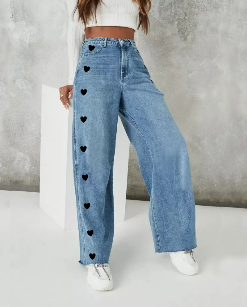 Jeans a cuore con coppia di vento a gamba larga larghi lavati retrò
