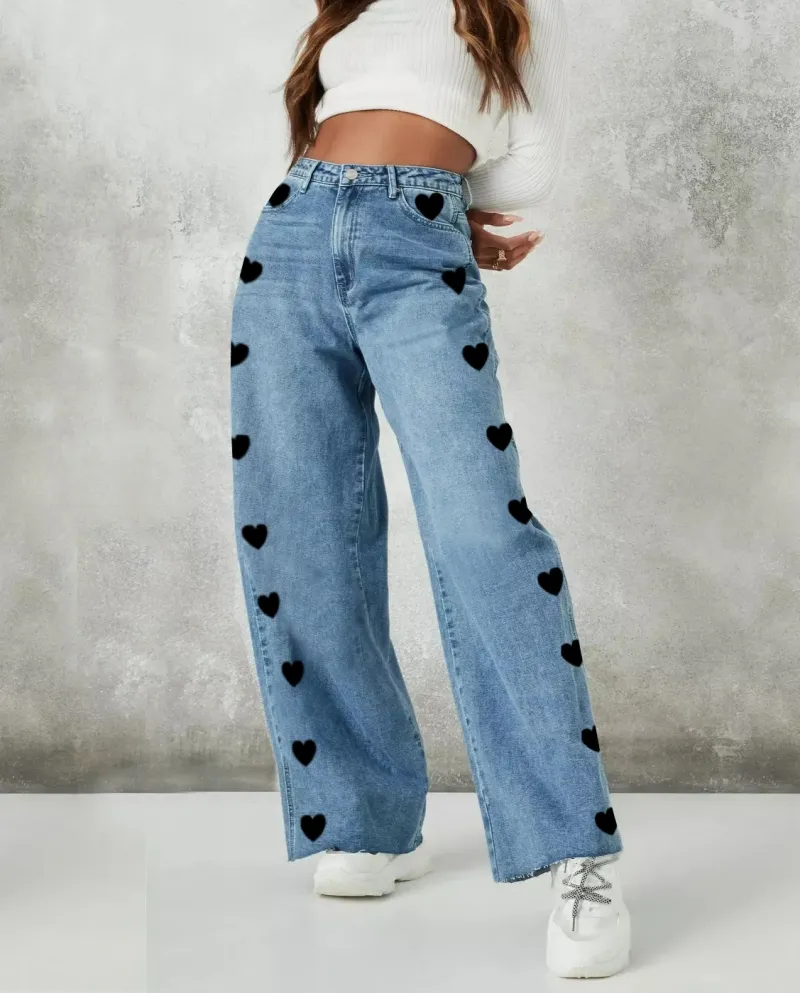 Jeans a cuore con coppia di vento a gamba larga larghi lavati retrò