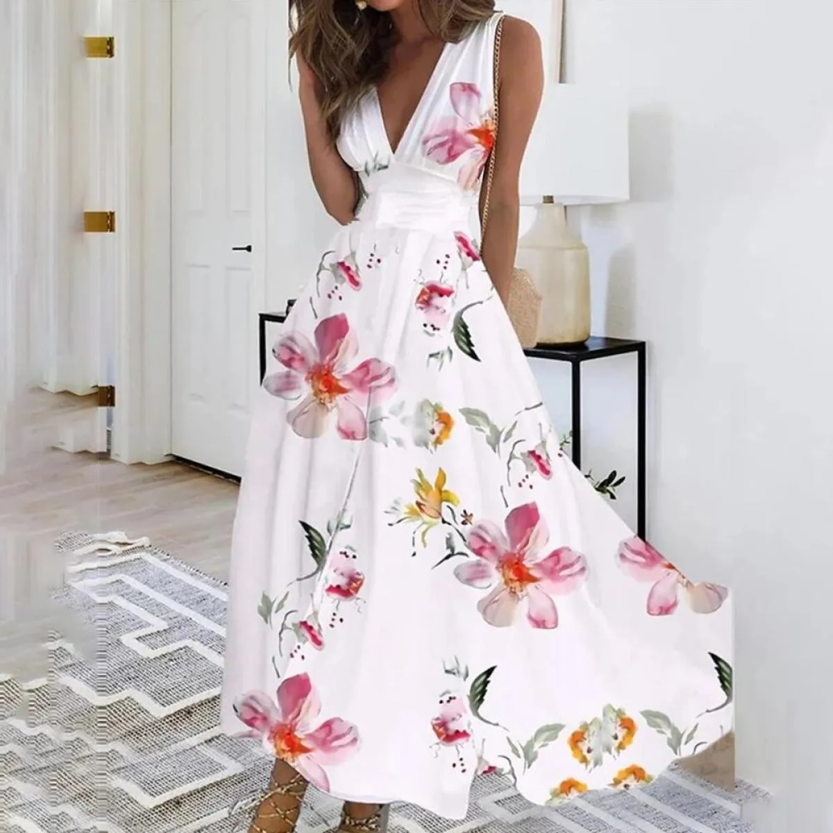 L Xl Abito estivo floreale per abbigliamento donna 2024 Abito estivo da spiaggia allentato bohemien Gonna midi Gonna maxi vacanz