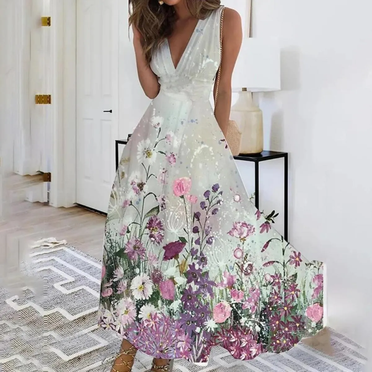L Xl Abito estivo floreale per abbigliamento donna 2024 Abito estivo da spiaggia allentato bohemien Gonna midi Gonna maxi vacanz
