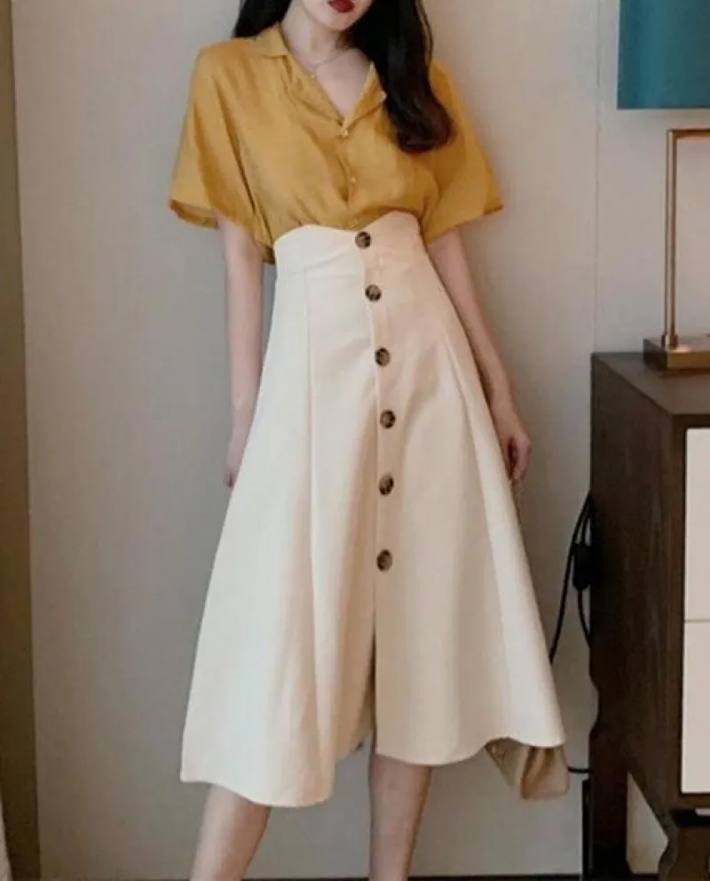 Ladies Vintage Ol Style Slim A Line Midi Gonne Bottoni estivi Impiombati Moda All Match Gonna a vita alta Female Clothi