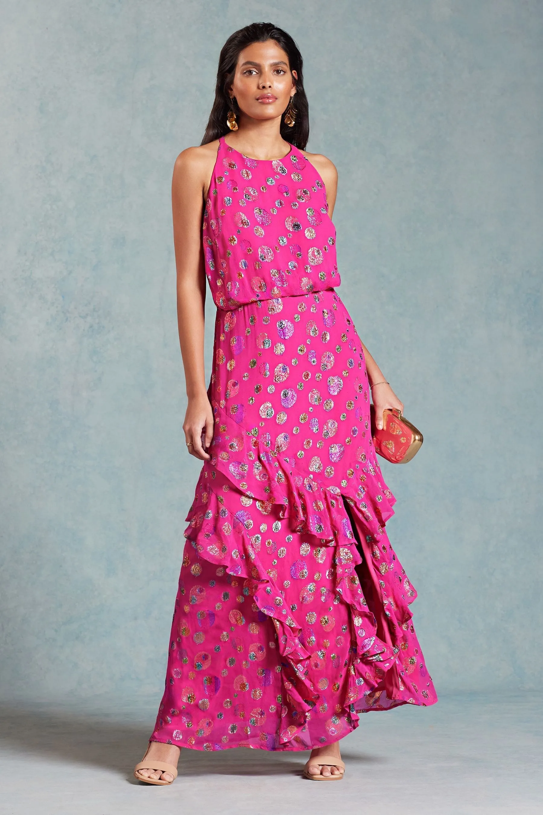 Love & Roses - Abito maxi con scollo all'americana e volant