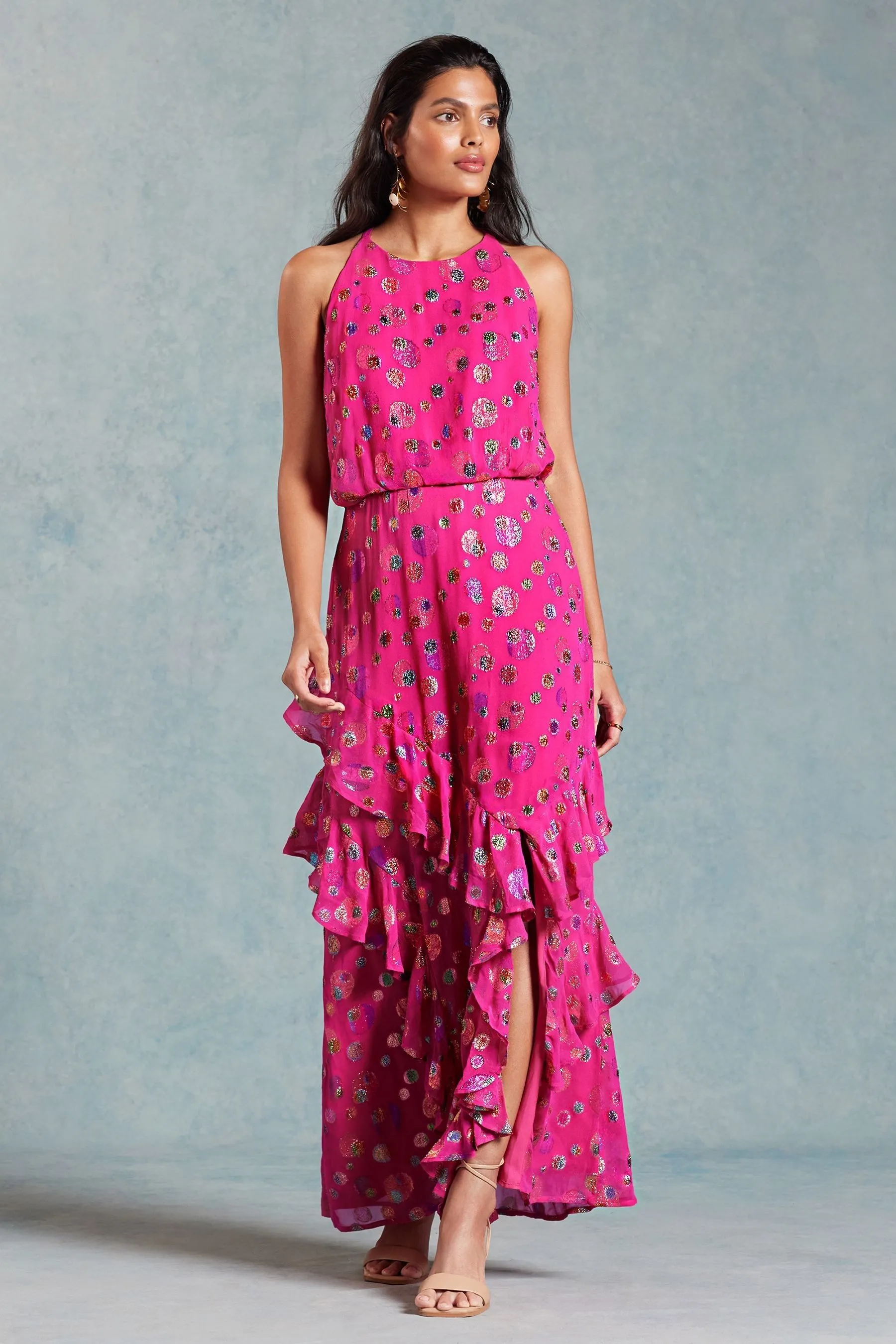 Love & Roses - Abito maxi con scollo all'americana e volant
