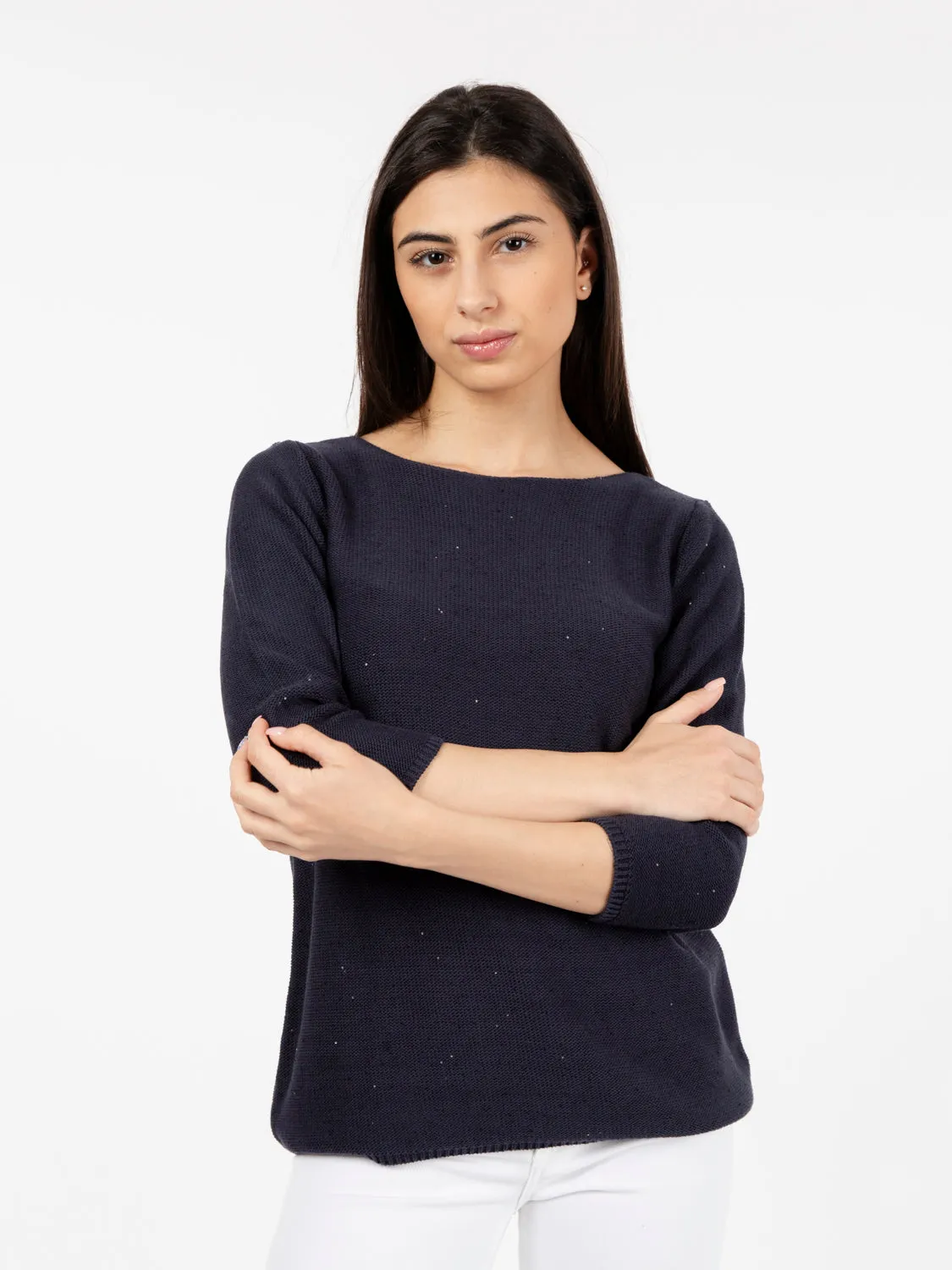 Maglia collo ampio micropaillettes blu navy