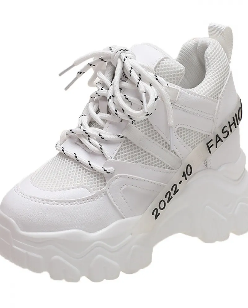 Moda donna fondo spesso tacco a zeppa pizzo stile sportivo scarpe casual scarpe da donna in rete