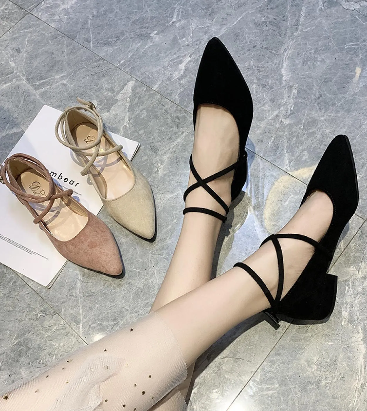 Primavera Autunno Scarpe Da Donna Cinturino Alla Caviglia Nero Appartamenti Caviglia Ordito Tacchi Bassi Scarpe Da Donna Scarpe