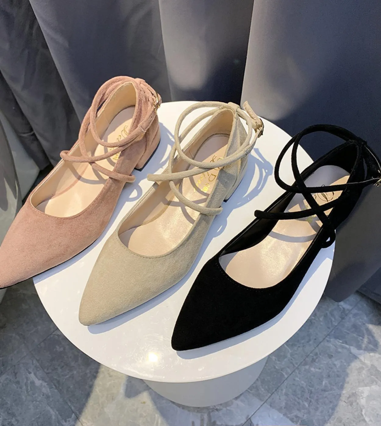 Primavera Autunno Scarpe Da Donna Cinturino Alla Caviglia Nero Appartamenti Caviglia Ordito Tacchi Bassi Scarpe Da Donna Scarpe