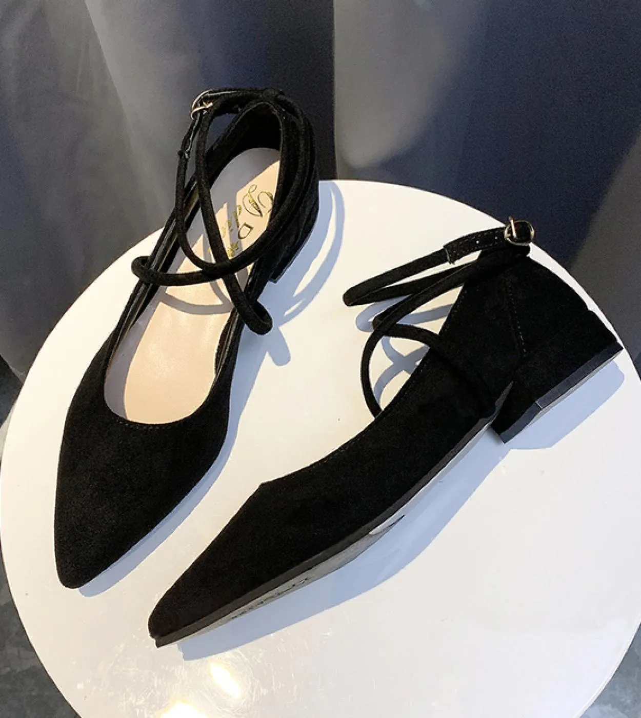 Primavera Autunno Scarpe Da Donna Cinturino Alla Caviglia Nero Appartamenti Caviglia Ordito Tacchi Bassi Scarpe Da Donna Scarpe